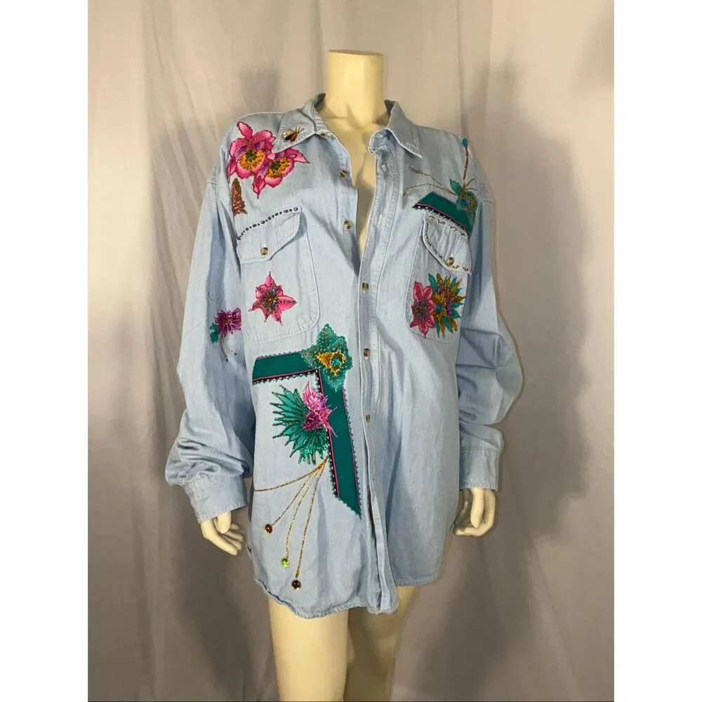 Basic Editions Oversized Denim Shirt 3X – Hand Embellished Floral & Butterfly We